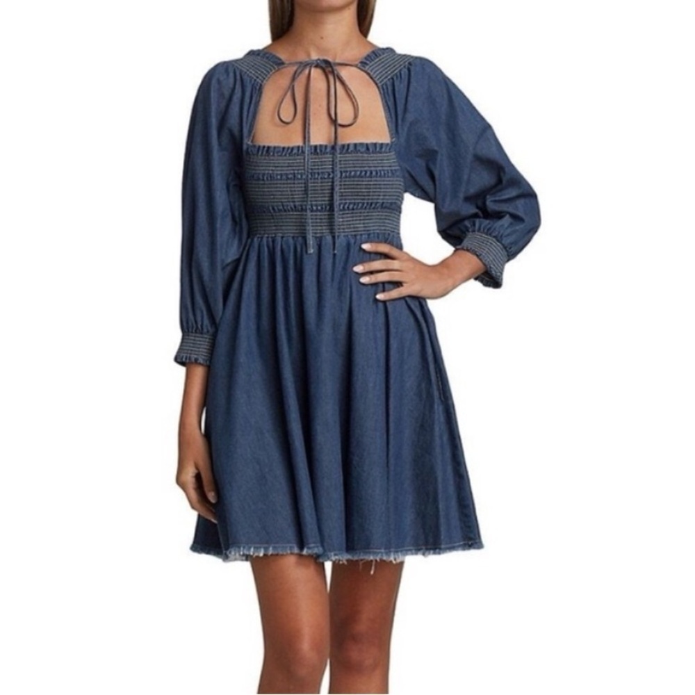 EN SAISON smocked denim babydoll dress cotton boho cowgirl blue size S